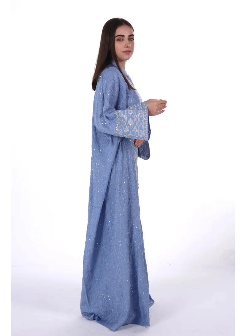 AL BENT AL SHARQIEH blue Embroidered Linen Jalabiya dress with unvisible belt for Women | Best Price UAE